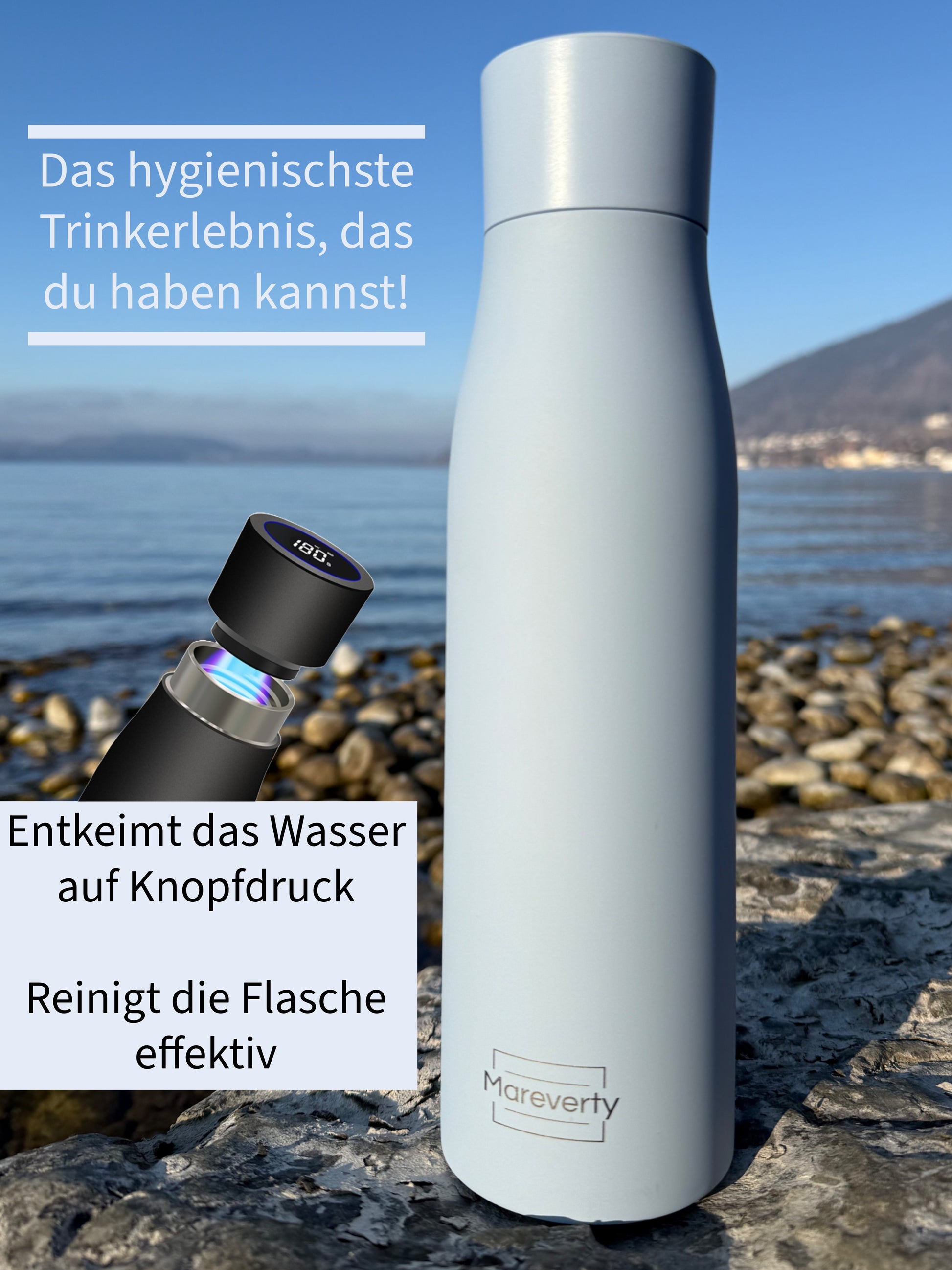Smart HydroUp – Selbstreinigende Trinkflasche: Innovative Selbstreinigungsfunktion, Temperaturanzeige, Trinkerinnerung 750ml - Mareverty
