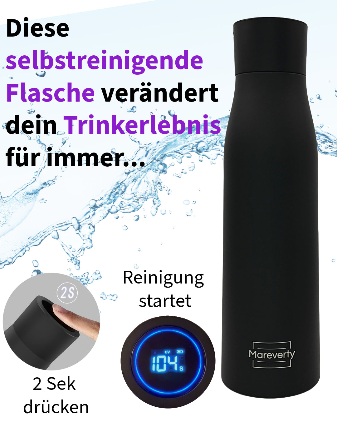Selbstreinigende Trinkflasche - Smart HydroUp: Innovative Selbstreinigungsfunktion, Temperaturanzeige, Trinkerinnerung - 750ml